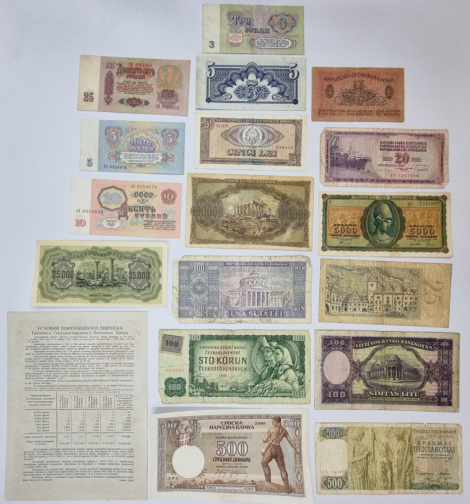 Europa - Rosja, Gracja, Rumunia, Czechosłowacja, Litwa. Banknoty obligacja, zestaw 19 sztuk